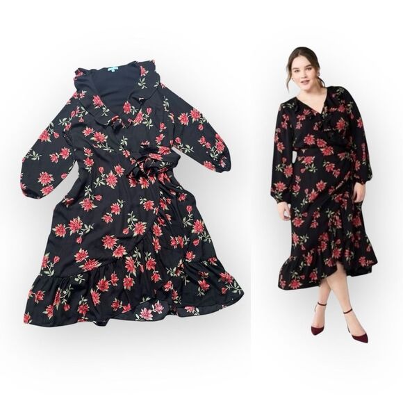 Draper James RSVP Wrap Dress Womens 1X MIDI Rose Floral Ruffle Long Sleeve - Picture 1 of 8